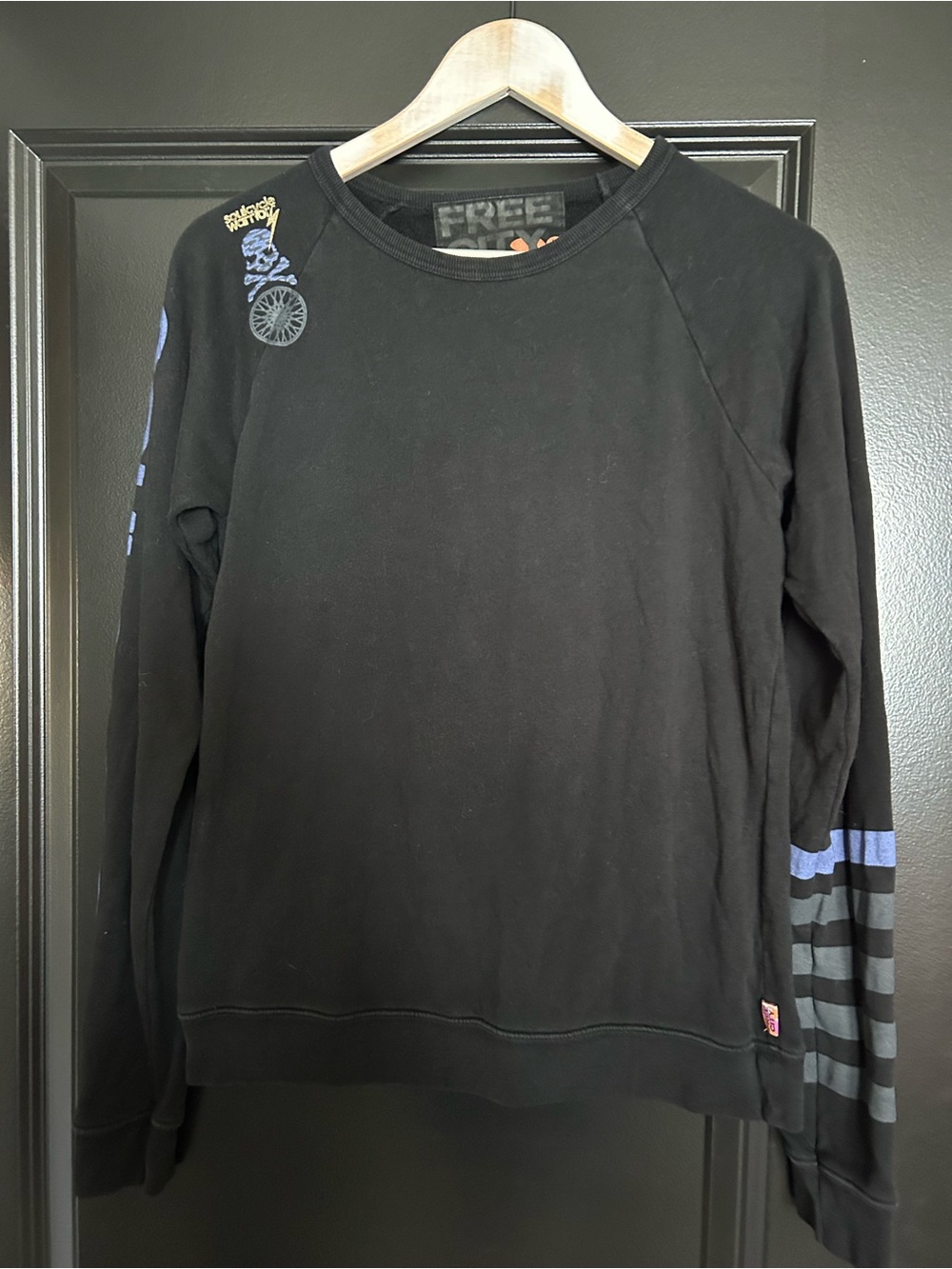 freecity Black Long Sleeve Tee with Blue and Gray Sleeve Stripes